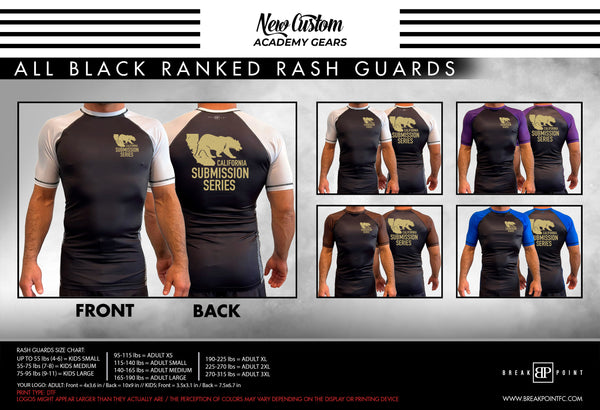 CMMA All Black Ranked Short Sleeve Rash Guards #060 E (Submission Seri ...