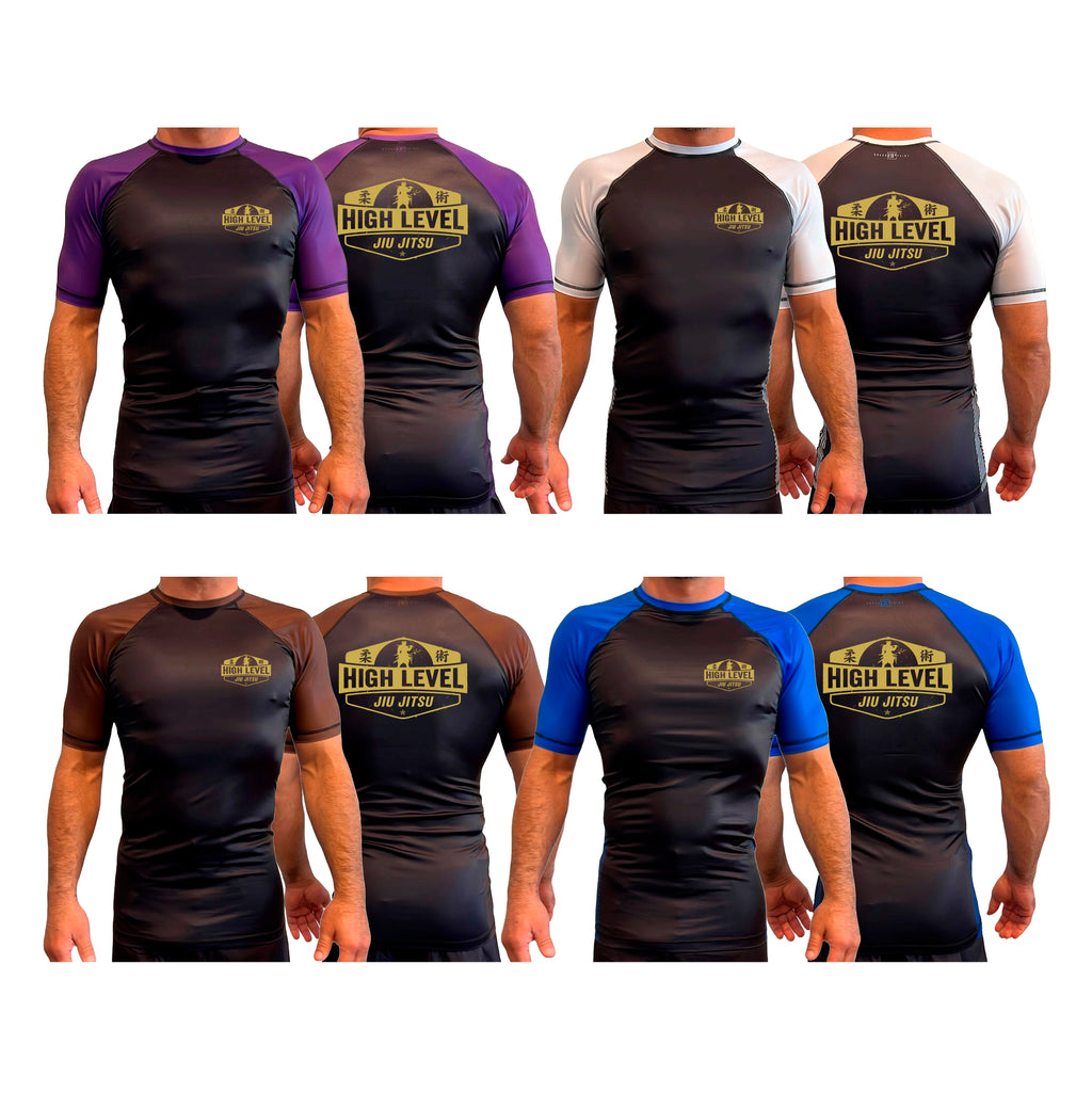 High Level JJ All Black Ranked Short Sleeve Rash Guards #8013 B