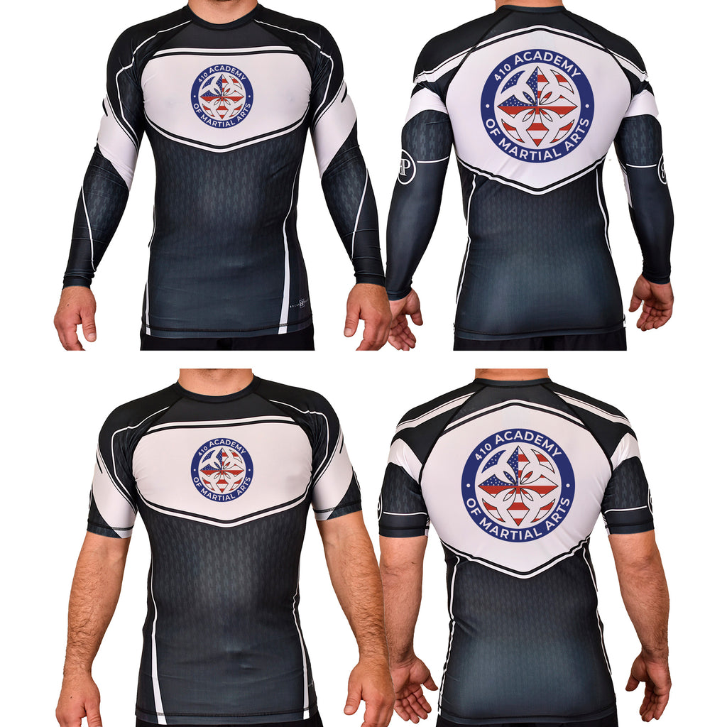 410 Academy of Martial Arts Academy Rash Guards Black/White #8017 C