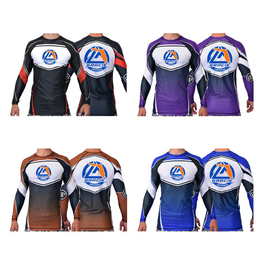 Gracie Fishhawk Jiu-Jitsu Academy Ranked Long Sleeve Rash Guards #8029 A