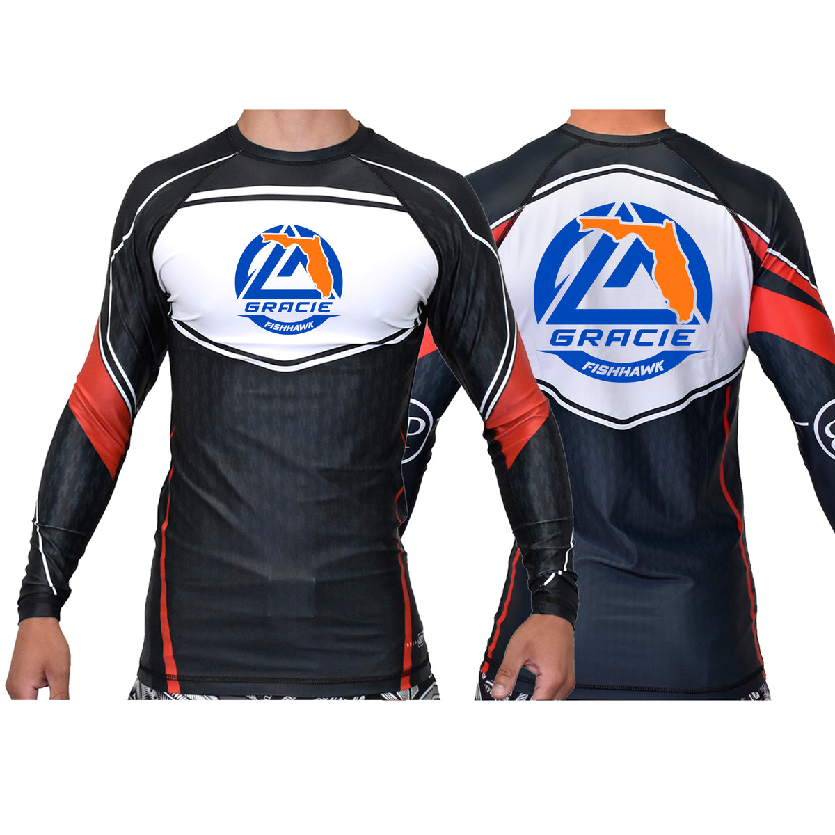 Gracie Fishhawk Jiu-Jitsu Academy Ranked Long Sleeve Rash Guards #8029 A