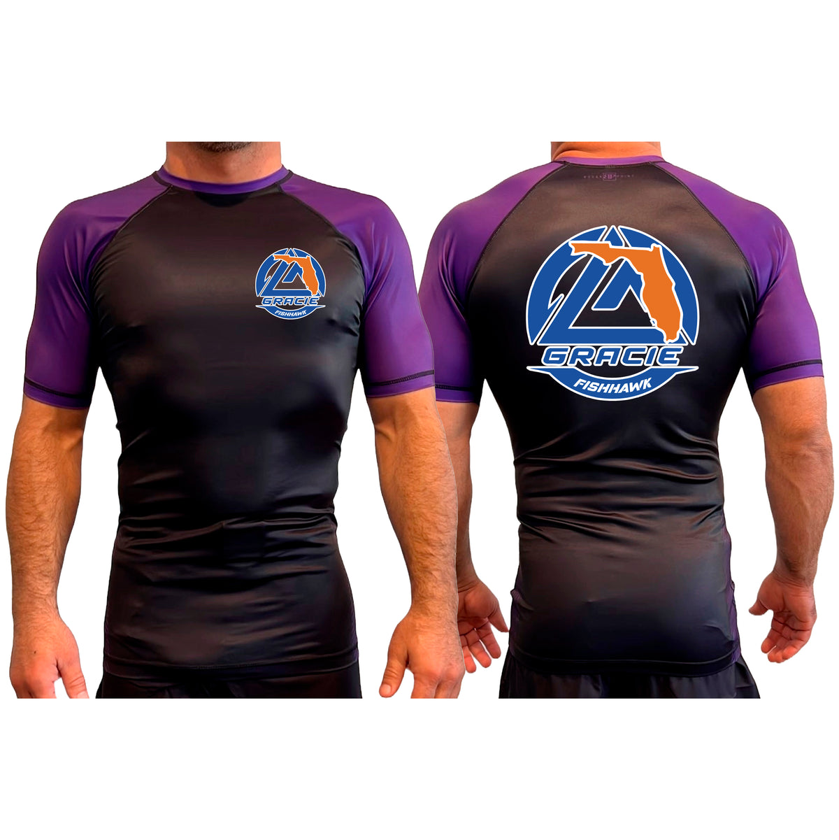 Gracie Fishhawk Jiu-Jitsu All Black Ranked Short Sleeve Rash Guards #8029 A
