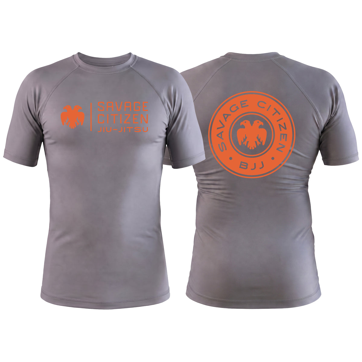 Savage Citizen Jiu Jitsu Gray Custom Rash Guards Short Sleeve #8050 A (Orange Logo)
