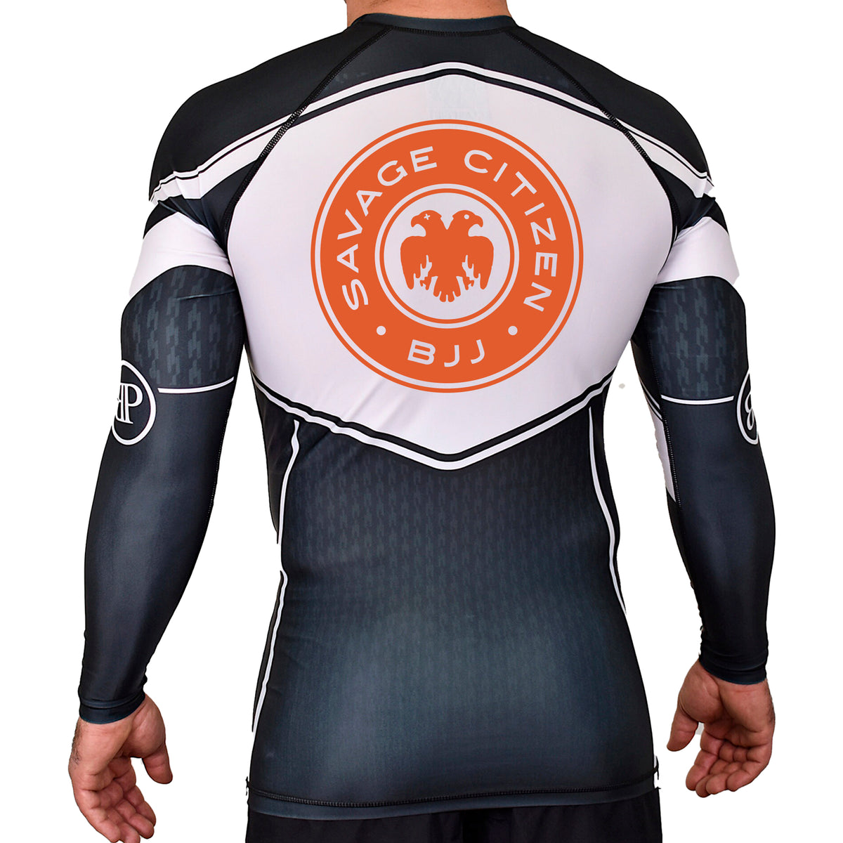 Savage Citizen Jiu Jitsu Academy Rash Guards Black/White #8050 A (Orange Logo)