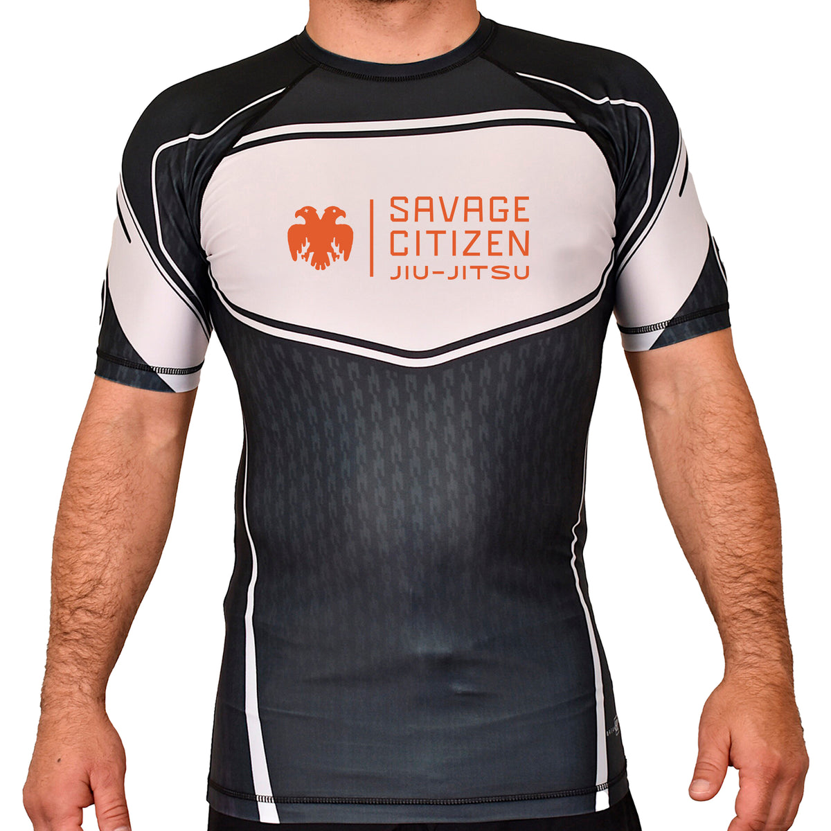 Savage Citizen Jiu Jitsu Academy Rash Guards Black/White #8050 A (Orange Logo)