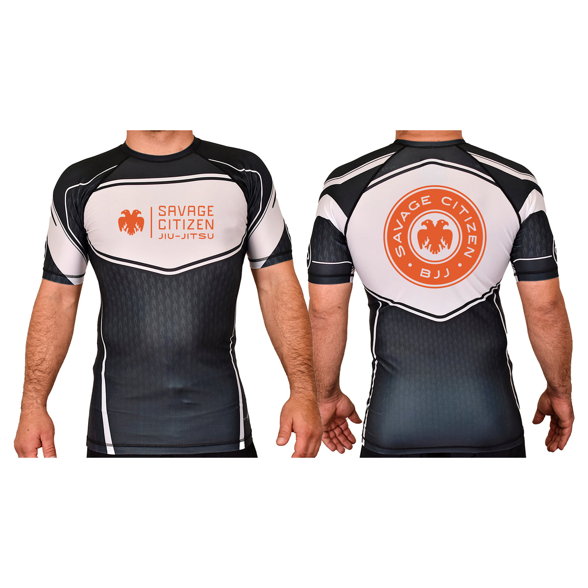 Savage Citizen Jiu Jitsu Academy Rash Guards Black/White #8050 A (Orange Logo)