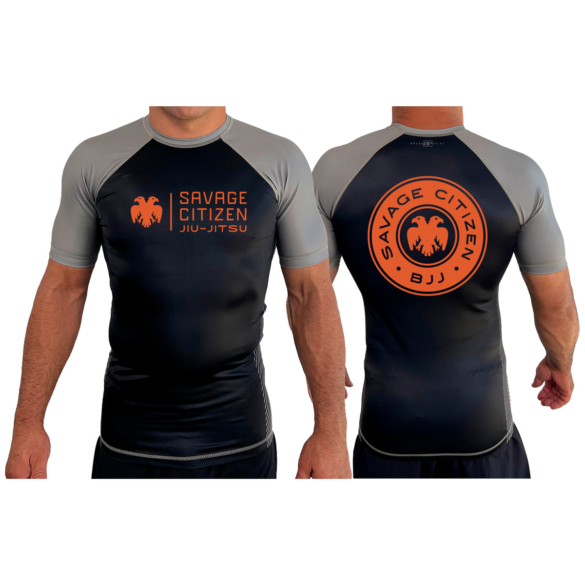Savage Citizen Jiu Jitsu All Black Ranked Short Sleeve Rash Guards #8050 A (Orange Logo)
