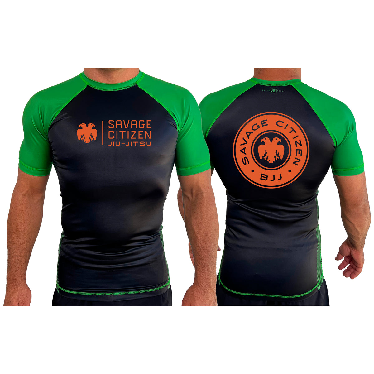 Savage Citizen Jiu Jitsu All Black Ranked Short Sleeve Rash Guards #8050 A (Orange Logo)