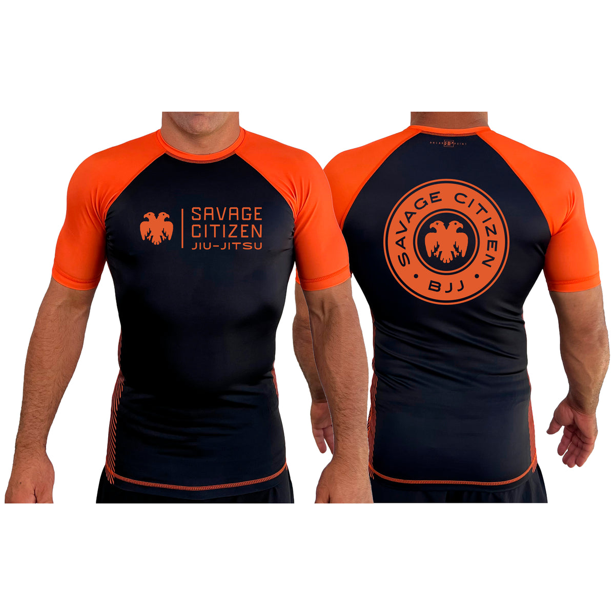 Savage Citizen Jiu Jitsu All Black Ranked Short Sleeve Rash Guards #8050 A (Orange Logo)