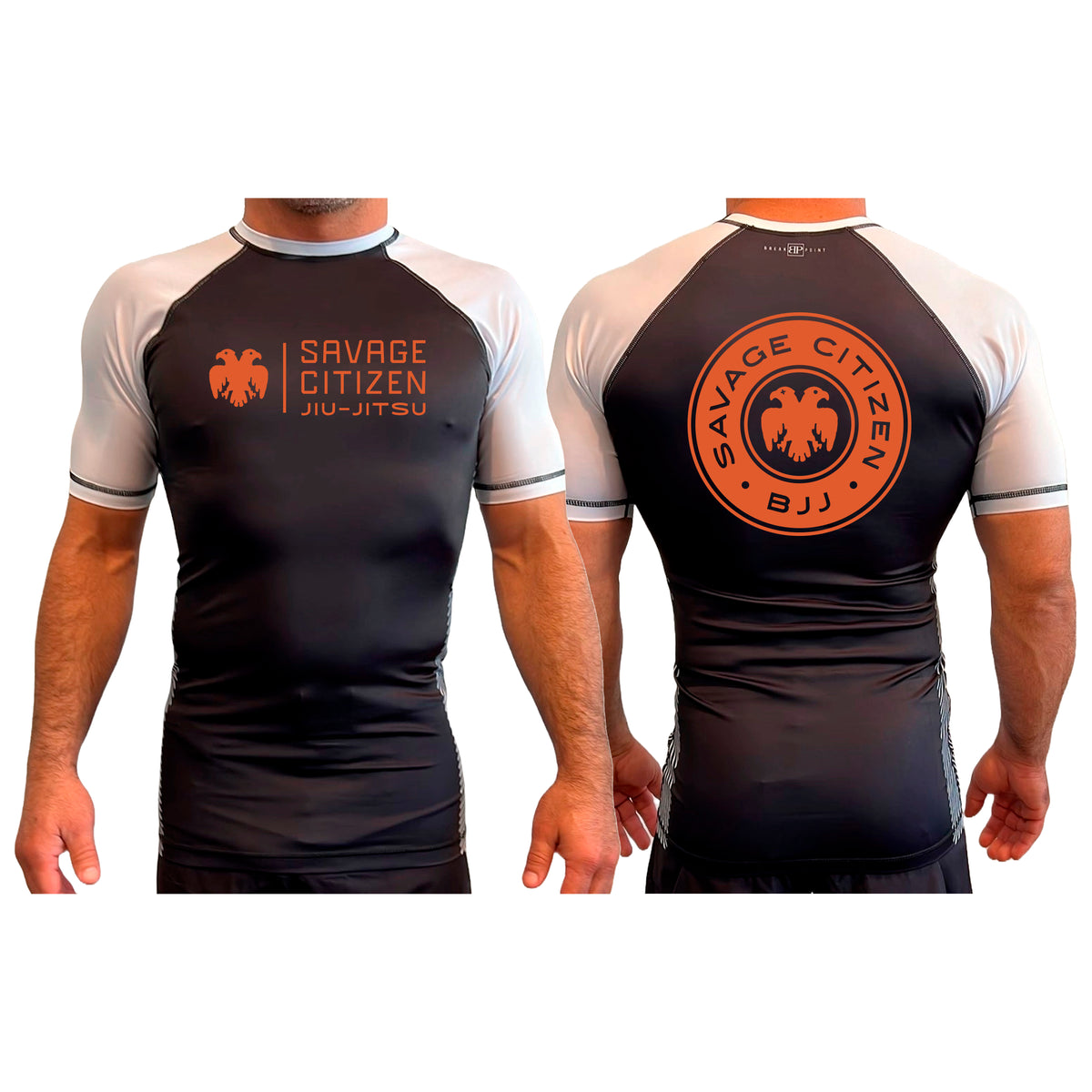 Savage Citizen Jiu Jitsu All Black Ranked Short Sleeve Rash Guards #8050 A (Orange Logo)