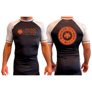 Savage Citizen Jiu Jitsu All Black Ranked Short Sleeve Rash Guards #8050 A (Orange Logo)