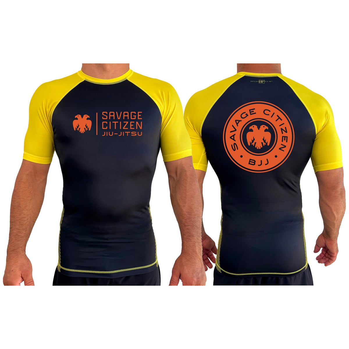 Savage Citizen Jiu Jitsu All Black Ranked Short Sleeve Rash Guards #8050 A (Orange Logo)