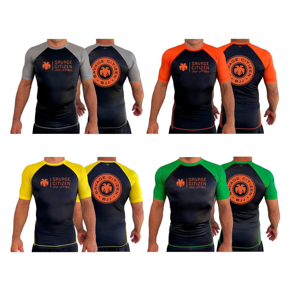 Savage Citizen Jiu Jitsu All Black Ranked Short Sleeve Rash Guards #8050 A (Orange Logo)