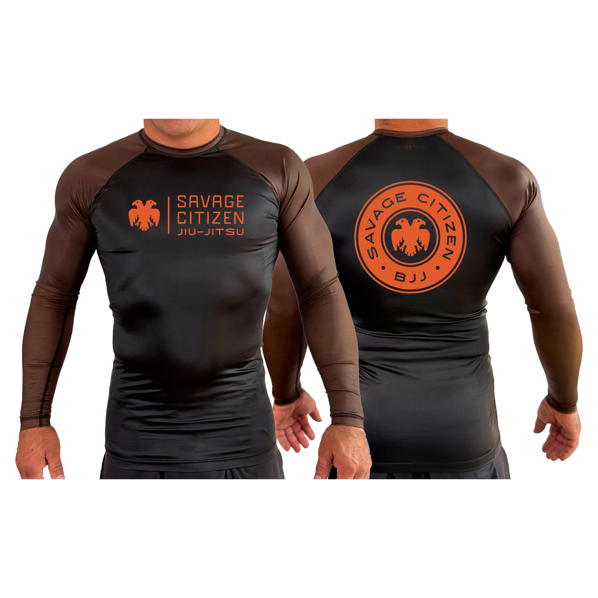 Savage Citizen Jiu Jitsu All Black Ranked Long Sleeve Rash Guards #8050 A (Orange Logo)