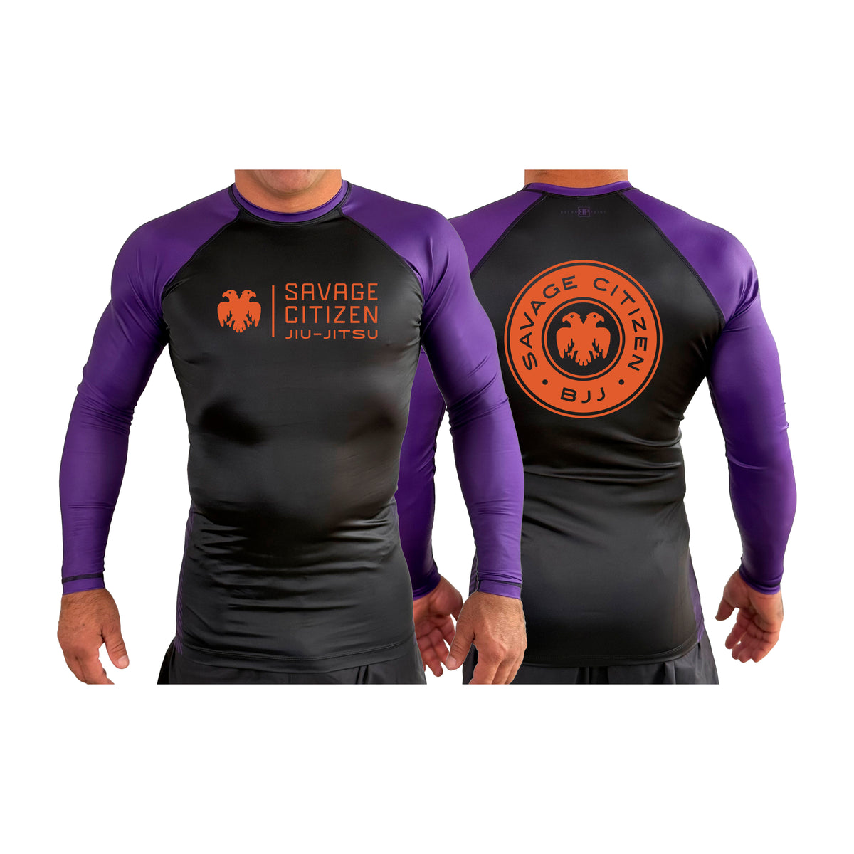 Savage Citizen Jiu Jitsu All Black Ranked Long Sleeve Rash Guards #8050 A (Orange Logo)