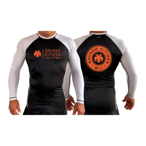 Savage Citizen Jiu Jitsu All Black Ranked Long Sleeve Rash Guards #8050 A (Orange Logo)