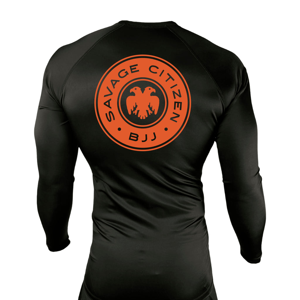 Savage Citizen Jiu Jitsu All Black Custom Rash Guards Long Sleeves #8050 A (Orange Logo)