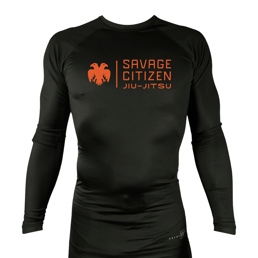 Savage Citizen Jiu Jitsu All Black Custom Rash Guards Long Sleeves #8050 A (Orange Logo)