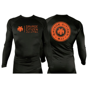 Savage Citizen Jiu Jitsu All Black Custom Rash Guards Long Sleeves #8050 A (Orange Logo)