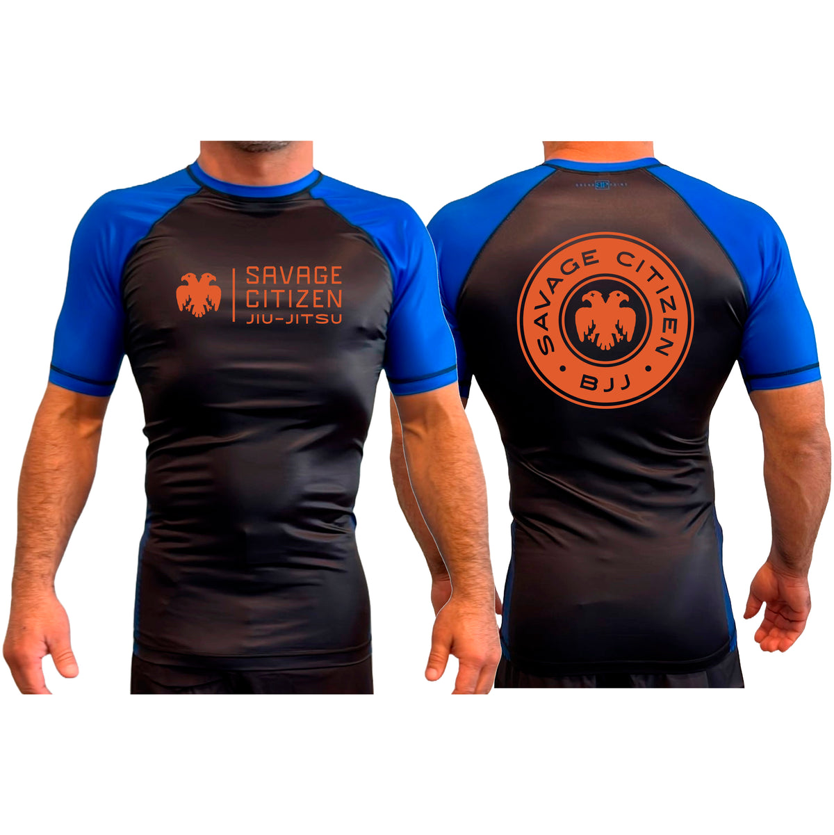 Savage Citizen Jiu Jitsu All Black Ranked Short Sleeve Rash Guards #8050 A (Orange Logo)