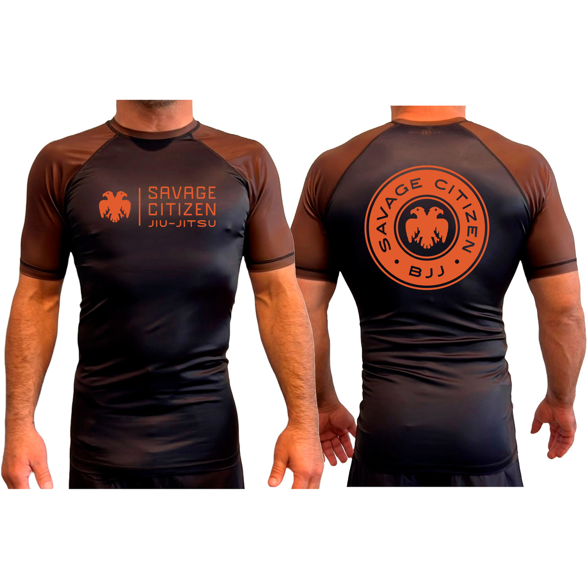 Savage Citizen Jiu Jitsu All Black Ranked Short Sleeve Rash Guards #8050 A (Orange Logo)