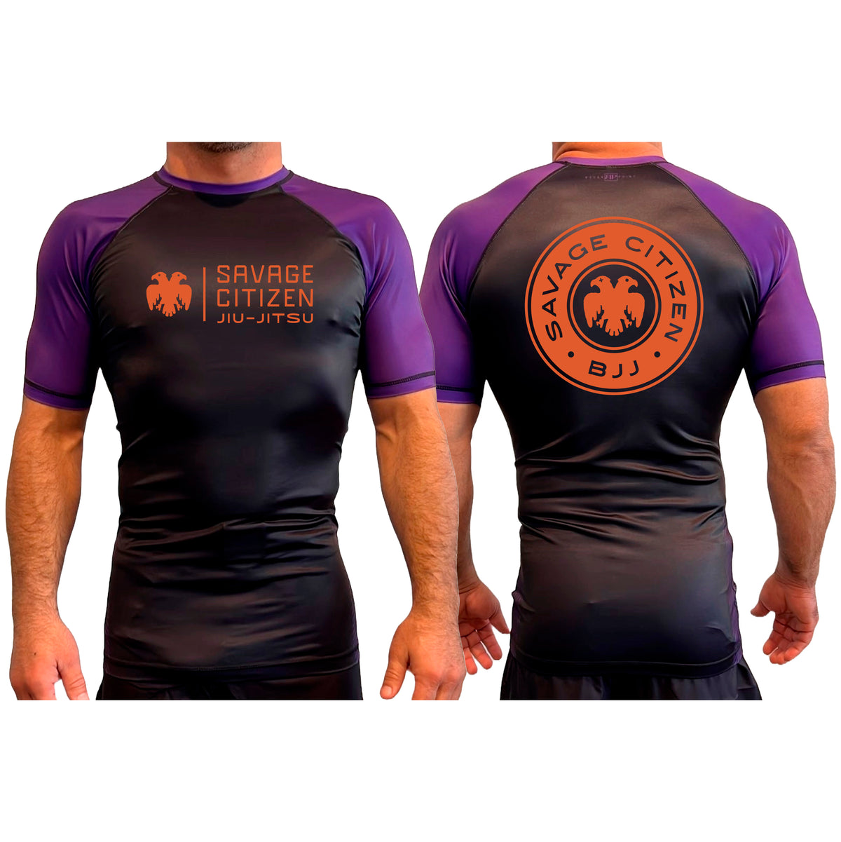 Savage Citizen Jiu Jitsu All Black Ranked Short Sleeve Rash Guards #8050 A (Orange Logo)