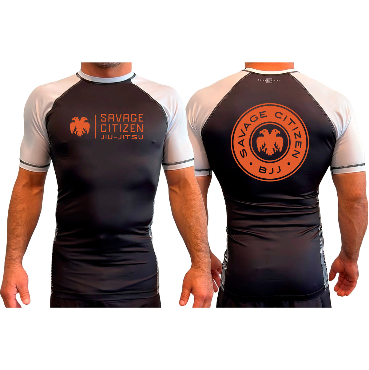 Savage Citizen Jiu Jitsu All Black Ranked Short Sleeve Rash Guards #8050 A (Orange Logo)