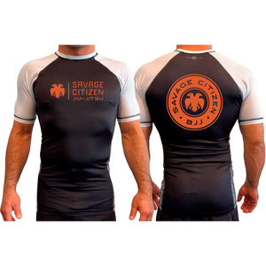 Savage Citizen Jiu Jitsu All Black Ranked Short Sleeve Rash Guards #8050 A (Orange Logo)