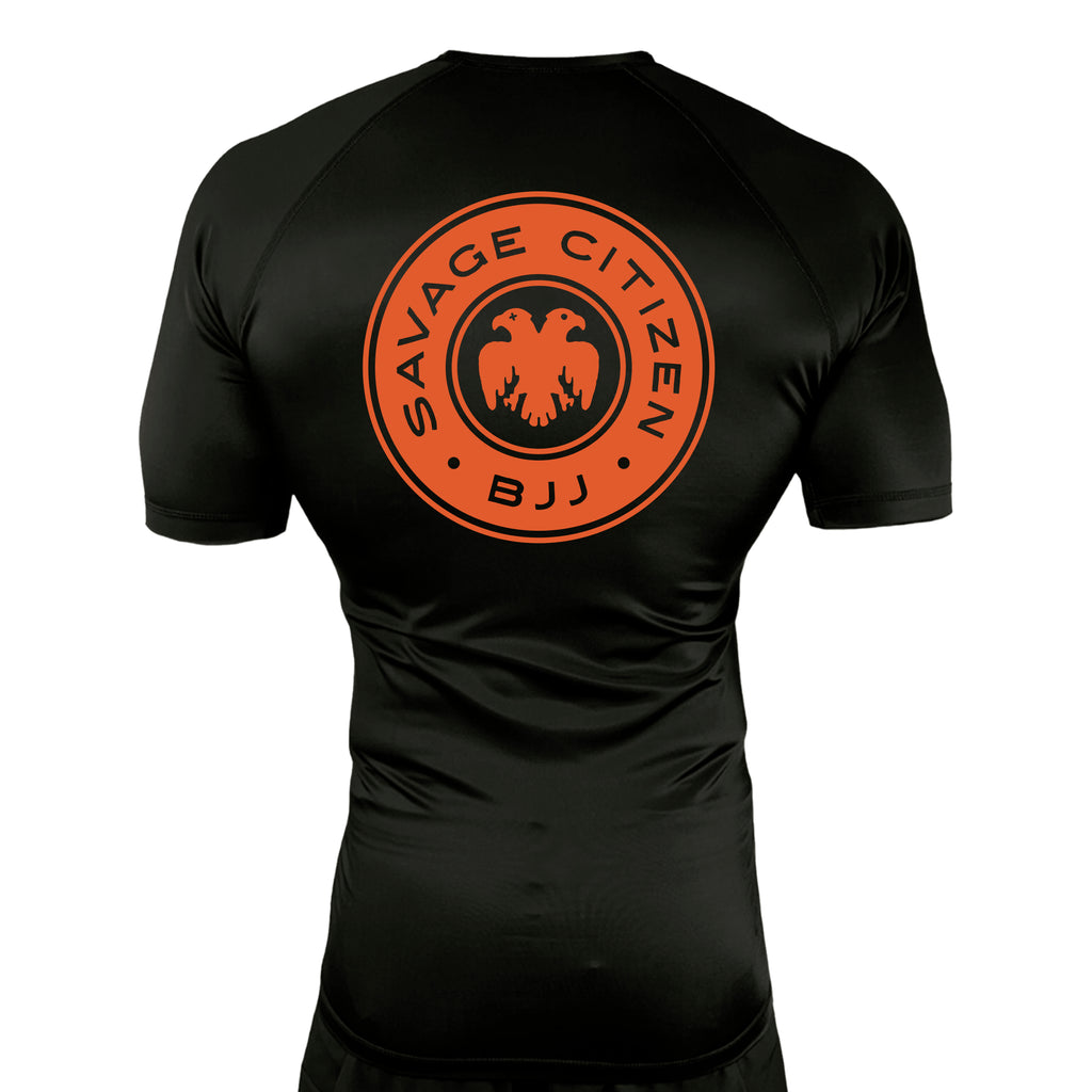 Savage Citizen Jiu Jitsu All Black Custom Rash Guards Short Sleeves #8050 A (Orange Logo)