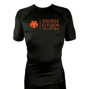 Savage Citizen Jiu Jitsu All Black Custom Rash Guards Short Sleeves #8050 A (Orange Logo)