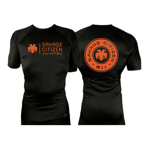 Savage Citizen Jiu Jitsu All Black Custom Rash Guards Short Sleeves #8050 A (Orange Logo)