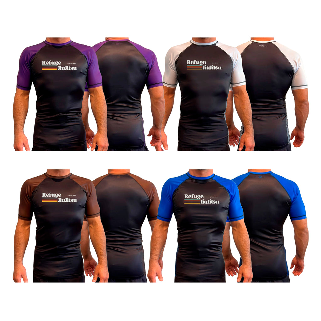 Refuge Jiu Jitsu All Black Ranked Short Sleeve Rash Guards #8057 G (RETRO LOGO)