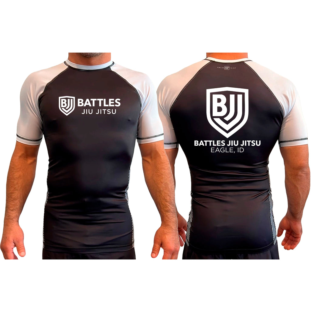 Battles Jiu Jitsu All Black Ranked Short Sleeve Rash Guards #8066 A