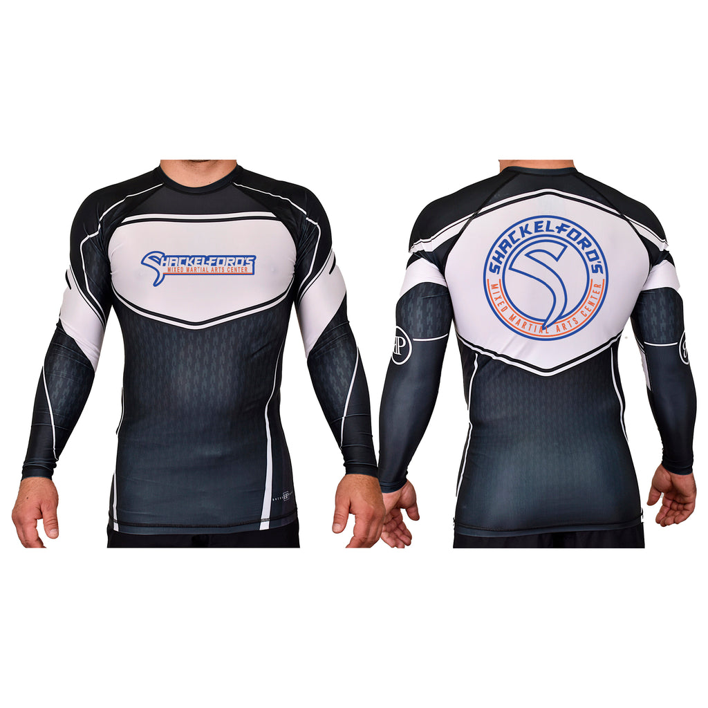 Shackelford's Martial Arts Academy Rash Guards Black/White #8078 A