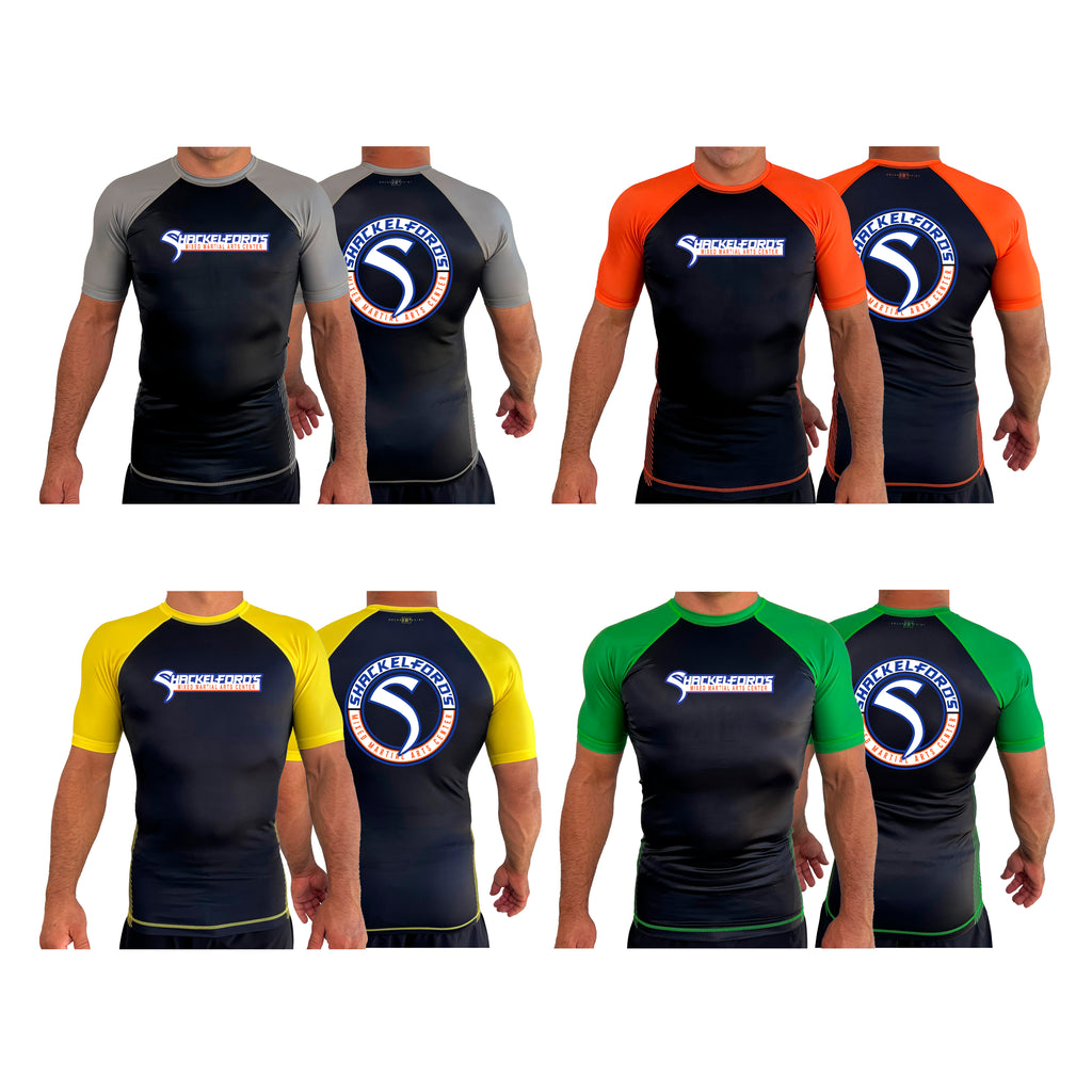 Shackelford's Martial Arts All Black Ranked Short Sleeve Rash Guards #8078 A
