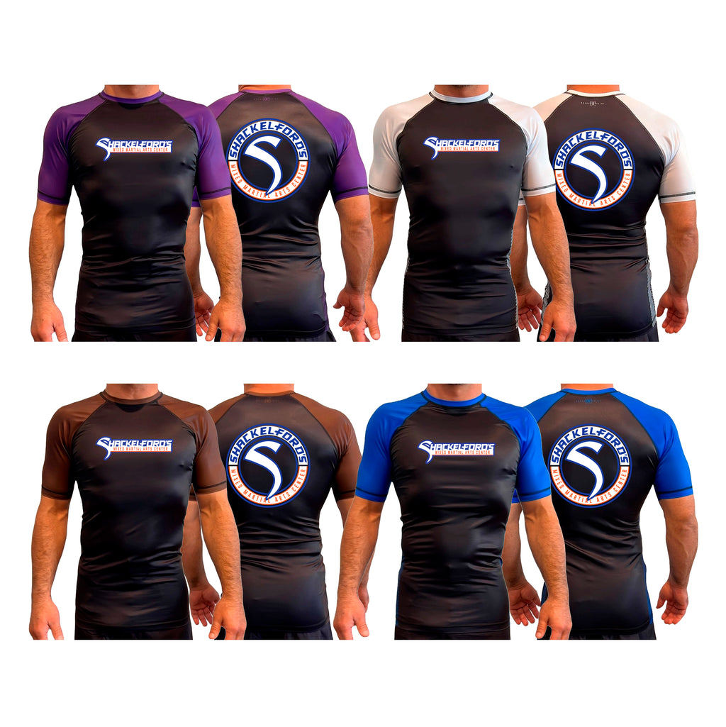 Shackelford's Martial Arts All Black Ranked Short Sleeve Rash Guards #8078 A