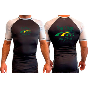 Five Rings Jiu Jitsu All Black Ranked Short Sleeve Rash Guards #8123 A