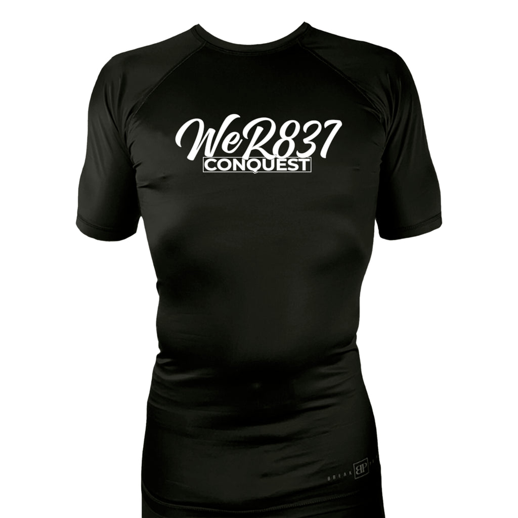 Conquest Self Defense All Black Custom Rash Guards Short Sleeves #8125 E