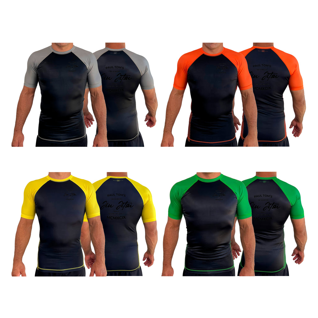 PT BJJ All Black Ranked Short Sleeve Rash Guards #8136 C