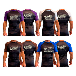 Black Cat Mixed Martial Arts and Self Defense All Black Ranked Short Sleeve Rash Guards #8148 B