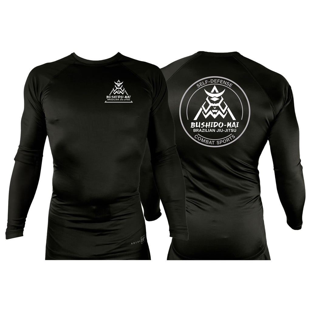 Bushido-Kai Brazilian Jiu-Jitsu All Black Rash Guards Long Sleeves #8224 A
