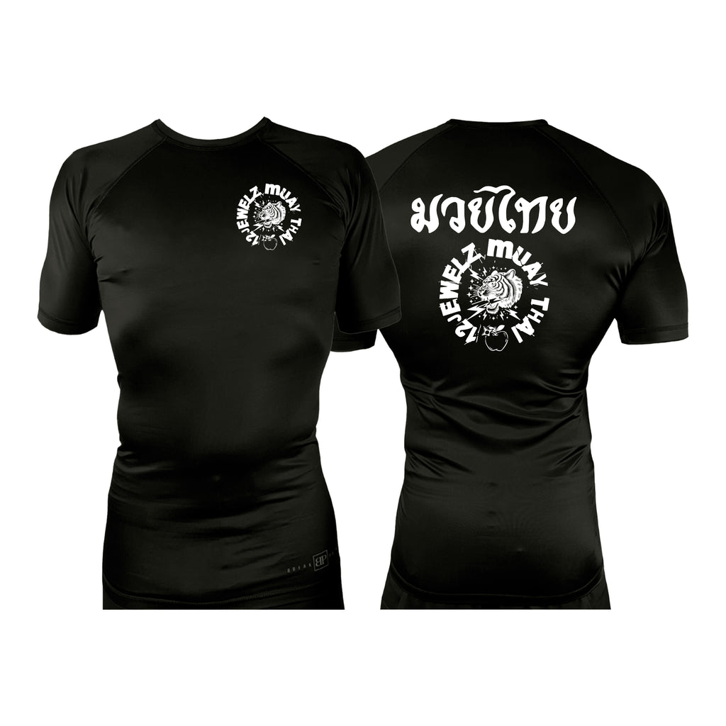 12 Jewelz Muay Thai All Black Rash Guards Short Sleeves #8225 D