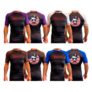 Black Tie/Trinity Jiu Jitsu All Black Ranked Short Sleeve Rash Guards #8234 C