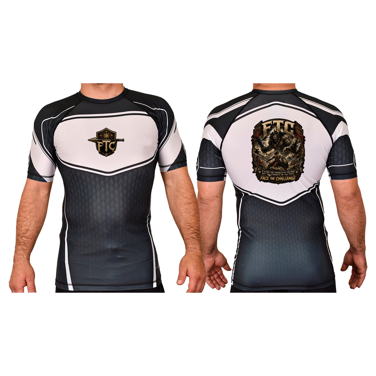 Face the Challenge Academy Rash Guards Black/White #8239 B