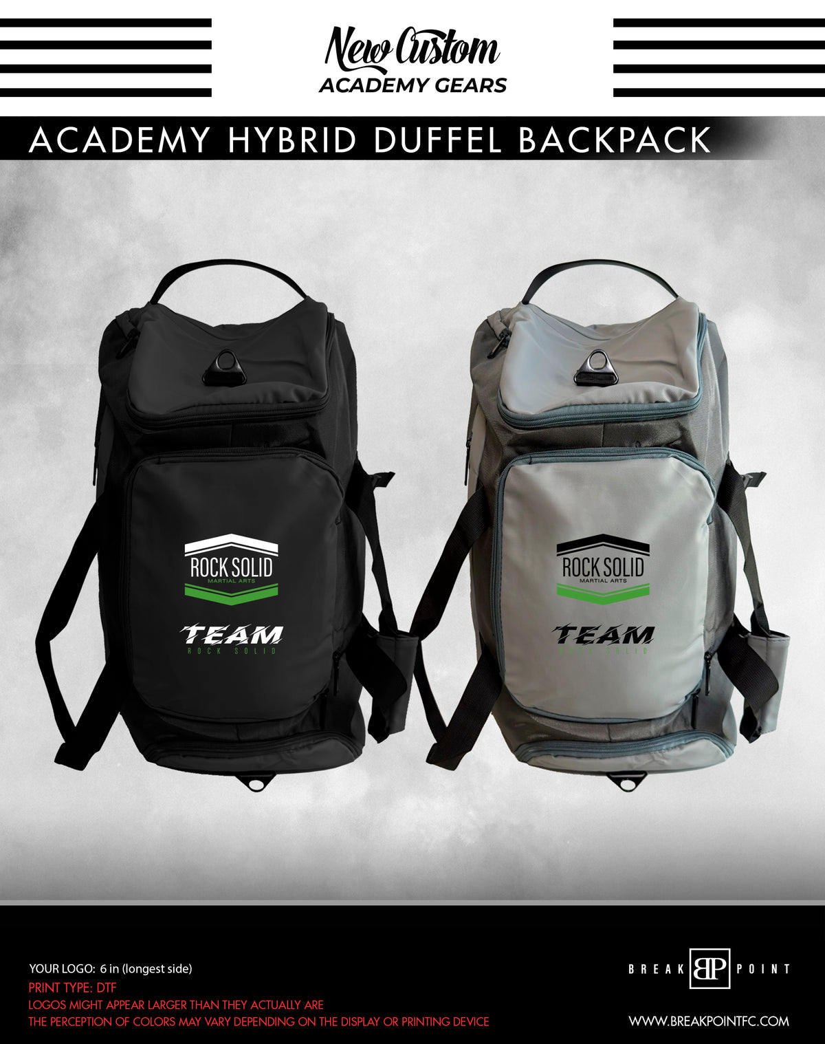 Rock Solid Martial Arts Academy Hybrid Duffel Backpack #837 A