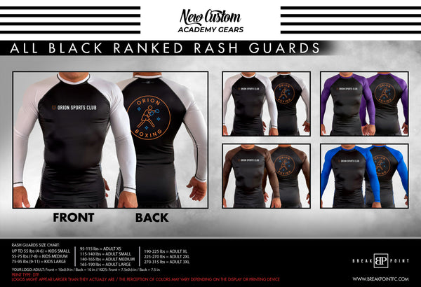 Boxing Gym Rash Orion Sports Club All Black Ranked Long Sleeve Rash Guards #981 E (BOX ...