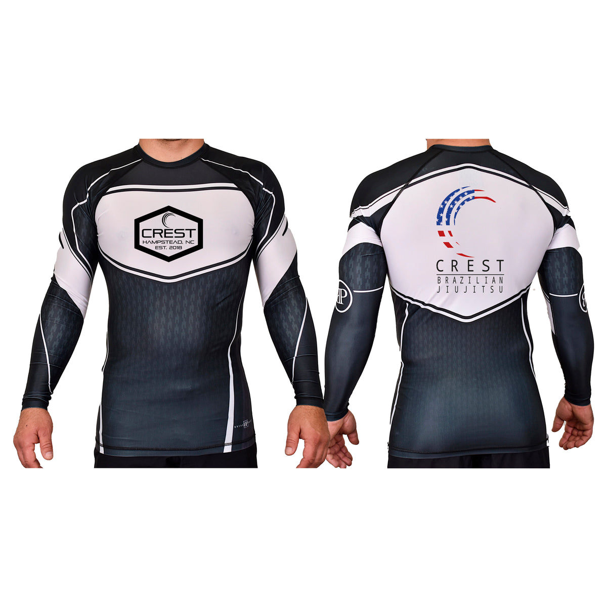 Crest Brazilian Jiu Jitsu Academy Rash Guards Black/White #8008